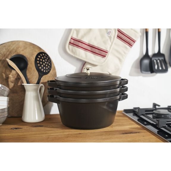 STAUB Cast Iron Stackable Cocotte Set - Large 4 Piece / Black