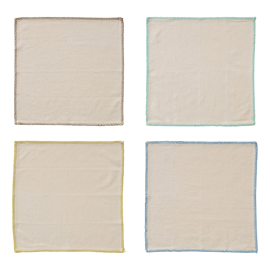 Creative Co-Op Cotton Napkins with Colored Blanket Stitch Edge - Set of 4