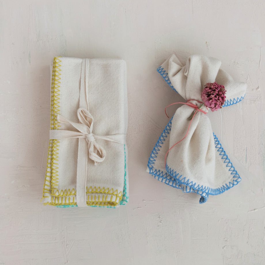 Creative Co-Op Cotton Napkins with Colored Blanket Stitch Edge - Set of 4