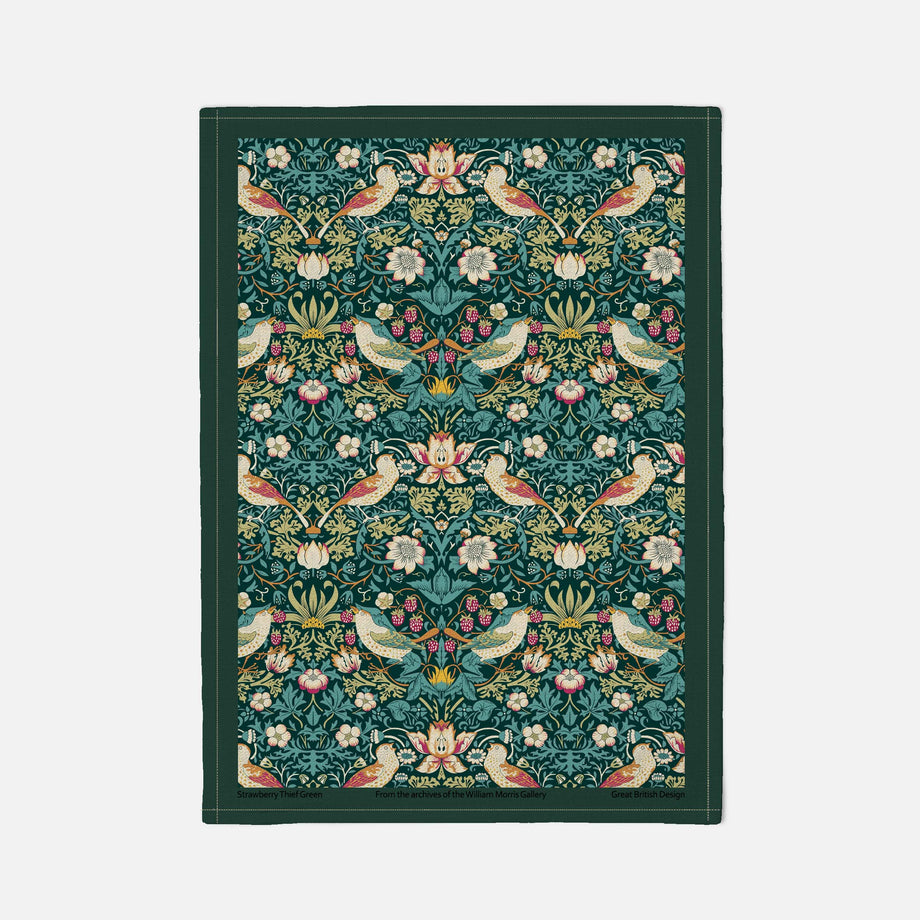 William Morris Cotton Tea Towel - Strawberry Thief / Green