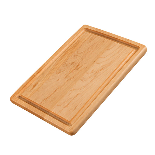 A rectangular wooden cutting board with a raised rim and visible natural wood grain, shown at an angle on a plain white background.