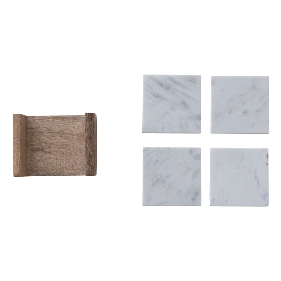 Creative Co-Op Marble Coasters With Mango Wood Holder - Set of 5
