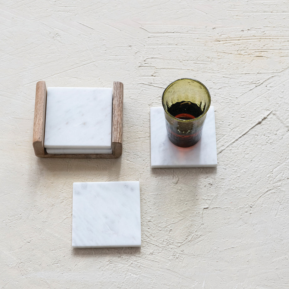 Creative Co-Op Marble Coasters With Mango Wood Holder - Set of 5