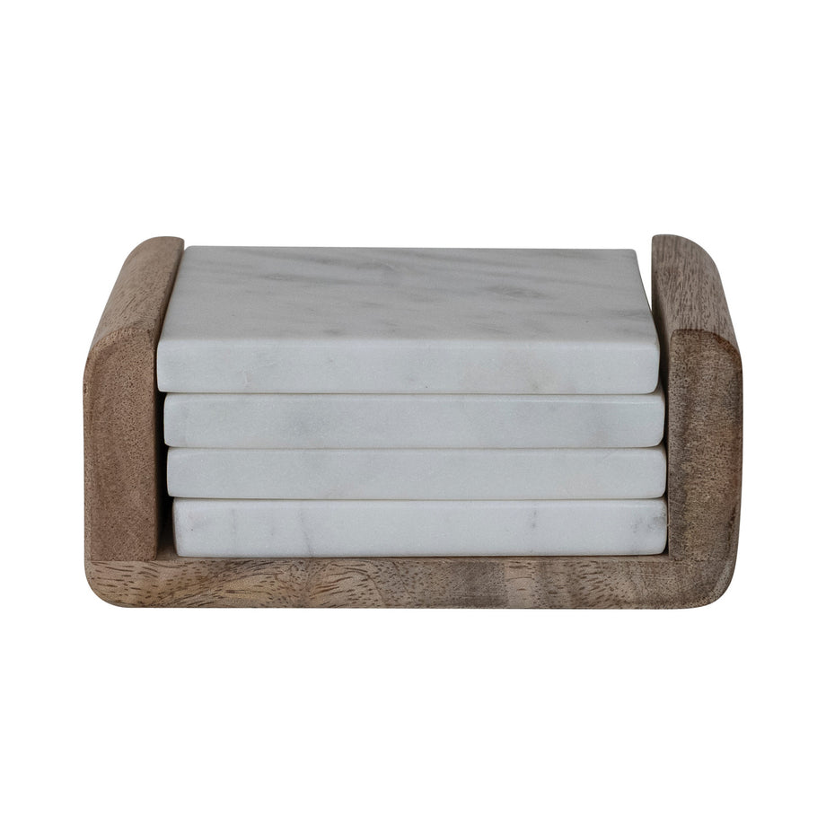 Creative Co-Op Marble Coasters With Mango Wood Holder - Set of 5