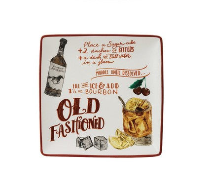 Creative Co-Op Stoneware Plate With Cocktail Recipe & Art - 8 Style Options